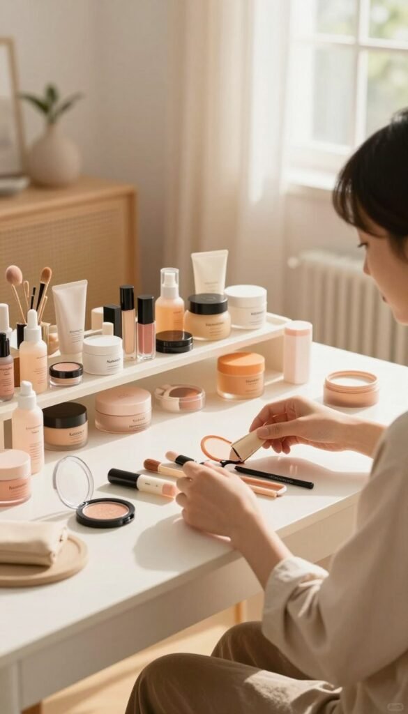 A cozy, well-organized home workspace featuring a modern, stylish desk with neatly arranged beauty products, like skincare and makeup essentials, in warm, inviting colors. In the foreground, a woman in modest casual clothing is thoughtfully sorting through a collection of cosmetics, prioritizing and discarding items. The middle ground showcases the organized beauty products, with a soft-focus effect, adding a sense of order and calm. The background features a serene home environment, including a window with natural light streaming in, casting gentle shadows and creating a warm atmosphere. The image evokes a feeling of renewal and clarity, embodying the theme of decluttering before organizing. The brand name "KüchenKiste" subtly integrated into the scene, enhancing the aesthetic without being overpowering.