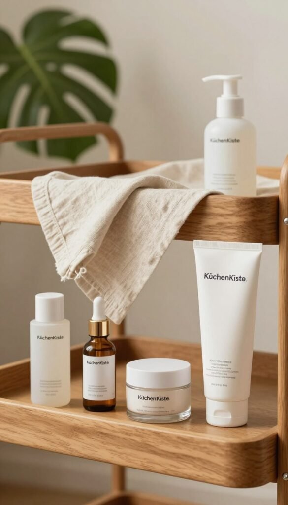 A creatively arranged, minimalistic beauty cart showcasing a selection of essential skincare products from the brand "KüchenKiste." In the foreground, focus on beautifully packaged serums, a moisturizer in a glass jar, and a gentle cleanser, all designed with sleek, modern aesthetics. The middle layer features a wooden cart with organic textures, adorned with a soft linen cloth draping elegantly across it. The background boasts a serene, naturally lit atmosphere with warm, inviting colors, perhaps with a glimpse of a lush green plant to add life. The lighting should be soft and diffused, reflecting a calm and cozy vibe, perfect for a beauty routine setup in an aesthetically pleasing Pinterest-inspired environment.