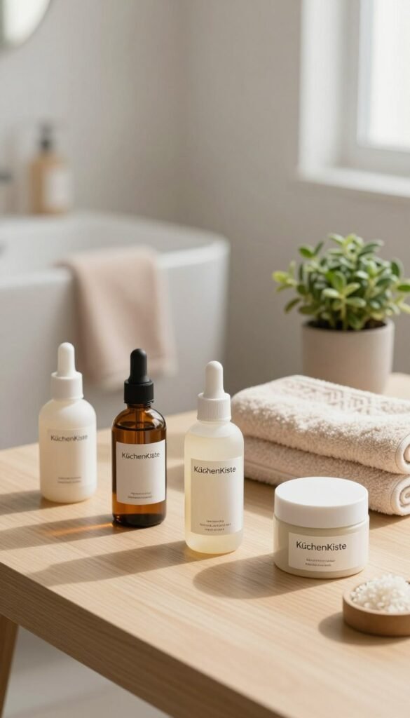 A curated display of minimalist skincare products on a light wooden table, featuring items from the brand "KüchenKiste". In the foreground, a few elegantly arranged bottles and jars with natural textures, showcasing organic ingredients. The middle ground includes soft, pastel-colored towels and a small potted plant for a fresh touch, enhancing the serene ambiance. The background is softly blurred, hinting at a clean, calming bathroom setting with warm light pouring through a window, casting gentle shadows. The overall mood is tranquil and inviting, emphasizing a beauty minimalist approach. The image should reflect an authentic, Pinterest-inspired aesthetic with natural colors, and no text or watermarks present.