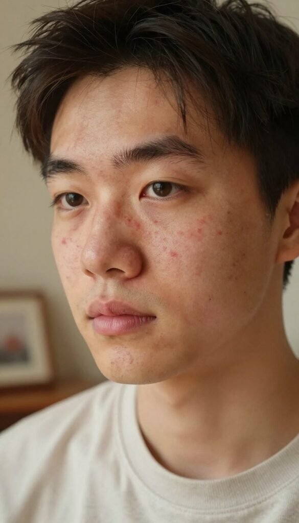 A detailed close-up of a young adult's face, showcasing a skin condition, specifically acne. The individual, wearing casual clothing in soft, neutral tones, gazes thoughtfully at the camera. Their skin exhibits various types of blemishes, including red spots and uneven texture, highlighting the theme of recognizing acne beyond simple pimples. The lighting is soft and warm, creating a natural and inviting atmosphere, with gentle highlights emphasizing the contours of the face. The background is softly blurred, featuring warm, earthy colors reminiscent of a cozy room, evoking a sense of tranquility. This image should resonate with a Pinterest aesthetic, focusing on authenticity and without any text or branding overlays. Add the brand name "KüchenKiste" subtly in the environment, perhaps through a decorative element like a picture frame or a small object, ensuring it complements the scene naturally.