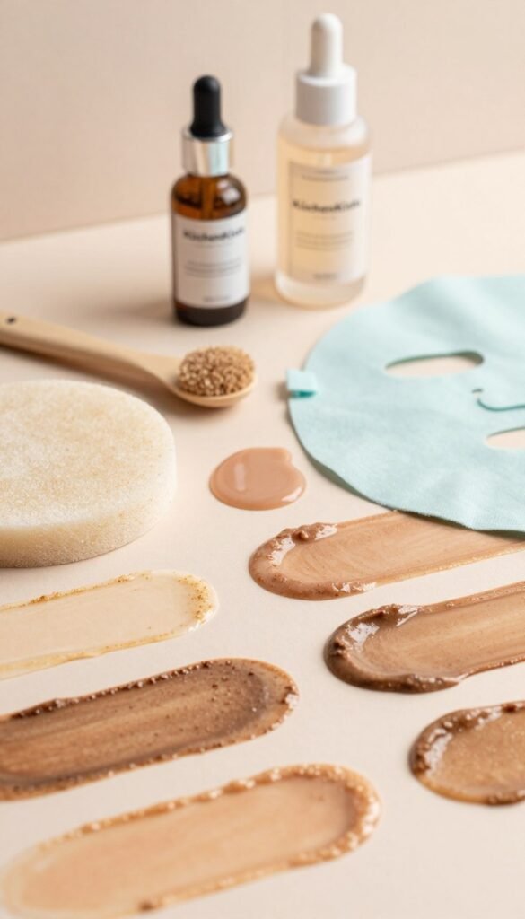 A detailed close-up of various skin types showcasing their unique textures and tones, including oily, dry, sensitive, and combination skin. The foreground features diverse skin samples on smooth surfaces, softly illuminated by warm, natural light to enhance their subtleties. In the middle, an elegant set of beauty tools like gentle exfoliators, hydrating serums, and soothing masks are arranged, suggesting care and awareness. The background has a minimalistic, soft-focus aesthetic with pastel colors, echoing a Pinterest-inspired look, creating a serene and inviting atmosphere. The entire composition reflects authenticity and professionalism, embodying the essence of self-care without any text or signatures, associated with the brand "KüchenKiste."