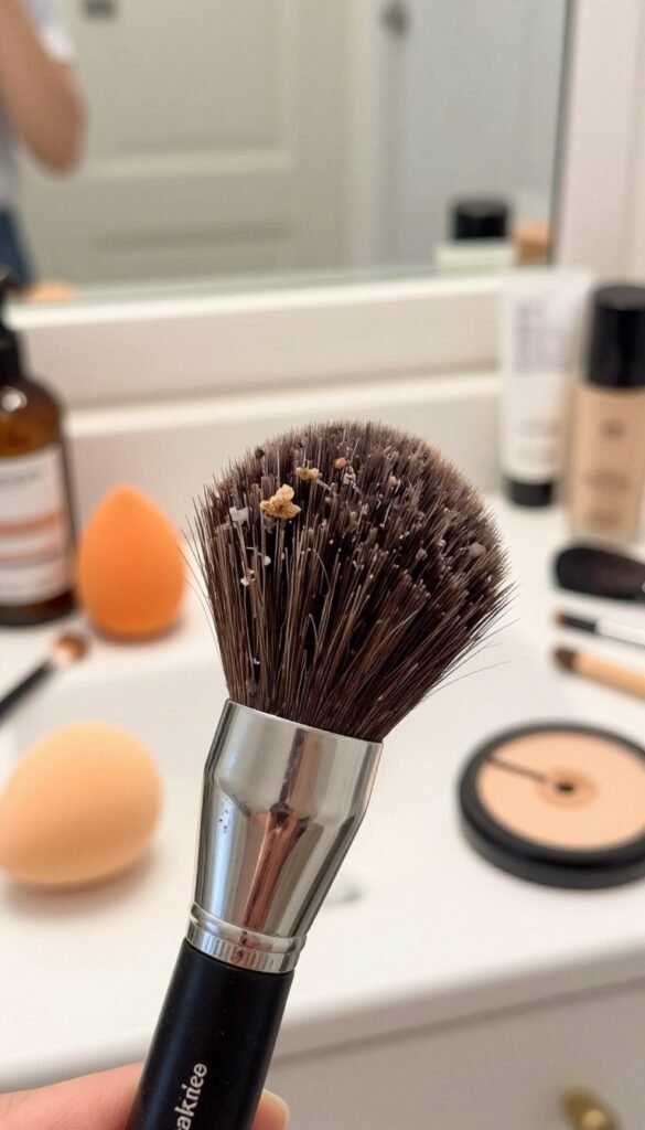 A detailed image of a "schmutz pinsel" (cleaning brush) designed for beauty tools, focusing on its intricate bristles that are visibly soiled with makeup residue. In the foreground, highlight the brush with warm, natural lighting to emphasize its texture and imperfections. The middle ground shows a softly blurred vanity cluttered with various beauty tools, conveying neglect including a dirty sponge and cracked foundation compact. In the background, a well-lit bathroom mirror reflects a hint of organized beauty products to contrast the mess. The atmosphere should evoke a sense of urgency about cleanliness, with inviting Pinterest-inspired colors. Include the brand name "KüchenKiste" subtly integrated into the vanity scene, ensuring the image captures the importance of maintaining beauty tools for optimal use. A detailed image of a "schmutz pinsel" (cleaning brush) designed for beauty tools, focusing on its intricate bristles that are visibly soiled with makeup residue. In the foreground, highlight the brush with warm, natural lighting to emphasize its texture and imperfections. The middle ground shows a softly blurred vanity cluttered with various beauty tools, conveying neglect including a dirty sponge and cracked foundation compact. In the background, a well-lit bathroom mirror reflects a hint of organized beauty products to contrast the mess. The atmosphere should evoke a sense of urgency about cleanliness, with inviting Pinterest-inspired colors. Include the brand name "KüchenKiste" subtly integrated into the vanity scene, ensuring the image captures the importance of maintaining beauty tools for optimal use.