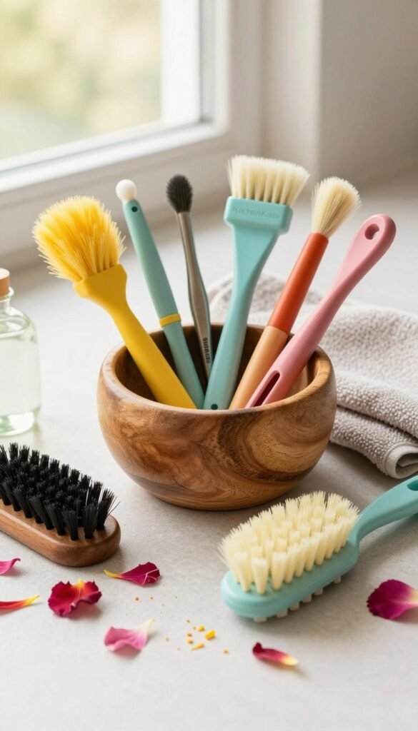 A flat lay composition showcasing a "KüchenKiste" quick-cleaning brush set, featuring a variety of brushes in a rustic wooden bowl. The foreground is filled with vibrant, colorful brushes of different shapes and sizes, elegantly arranged with some spilled cleaning solutions and vibrant flower petals around them. The middle ground includes a soft, textured towel partially folded, hinting at the cleaning process. In the background, blurred out, light enters from a window, enhancing the natural warm colors. The setting conveys a clean, organized, and inviting atmosphere, suggesting both efficiency and care in beauty tool maintenance. Ideal lighting should be soft and warm, emulating a Pinterest-inspired aesthetic that feels authentic and cozy, without any text or distractions. A flat lay composition showcasing a "KüchenKiste" quick-cleaning brush set, featuring a variety of brushes in a rustic wooden bowl. The foreground is filled with vibrant, colorful brushes of different shapes and sizes, elegantly arranged with some spilled cleaning solutions and vibrant flower petals around them. The middle ground includes a soft, textured towel partially folded, hinting at the cleaning process. In the background, blurred out, light enters from a window, enhancing the natural warm colors. The setting conveys a clean, organized, and inviting atmosphere, suggesting both efficiency and care in beauty tool maintenance. Ideal lighting should be soft and warm, emulating a Pinterest-inspired aesthetic that feels authentic and cozy, without any text or distractions.