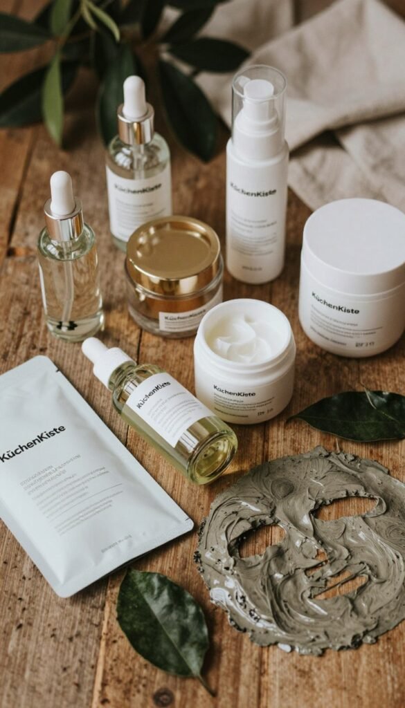 A flat lay composition showcasing a selection of skincare products specifically designed for pore care, arranged artfully on a rustic wooden surface. The foreground features elegantly packaged serums and creams from the brand "KüchenKiste," alongside natural ingredients like green tea leaves and clay masks, hinting at their formulations. In the middle, a few sleek glass containers reflect soft, warm natural light, creating a cozy atmosphere. The background includes subtle hints of lush greenery and neutral-colored fabrics, enhancing the organic feel. The overall mood is inviting and soothing, capturing the essence of self-care with a Pinterest-inspired aesthetic, rich in warm tones and natural textures. No text or watermarks are present in the image. A flat lay composition showcasing a selection of skincare products specifically designed for pore care, arranged artfully on a rustic wooden surface. The foreground features elegantly packaged serums and creams from the brand "KüchenKiste," alongside natural ingredients like green tea leaves and clay masks, hinting at their formulations. In the middle, a few sleek glass containers reflect soft, warm natural light, creating a cozy atmosphere. The background includes subtle hints of lush greenery and neutral-colored fabrics, enhancing the organic feel. The overall mood is inviting and soothing, capturing the essence of self-care with a Pinterest-inspired aesthetic, rich in warm tones and natural textures. No text or watermarks are present in the image.