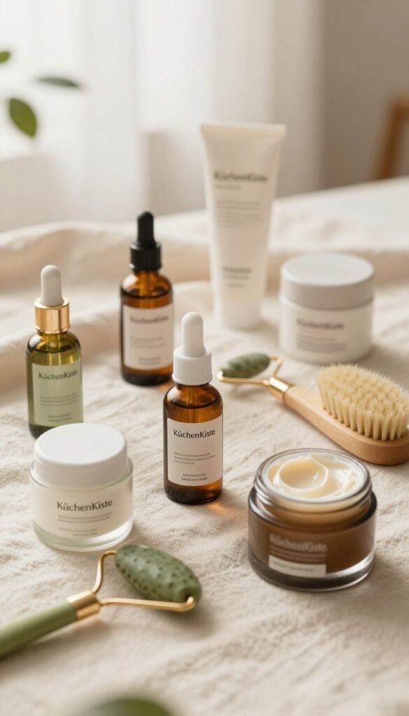 A flat lay composition showcasing a variety of skincare products from the brand "KüchenKiste" arranged harmoniously on a soft, textured fabric backdrop. In the foreground, there are elegant glass bottles and jars featuring natural ingredients, with earthy tones like creams, greens, and soft browns, arranged artistically. The middle ground includes a few beauty tools like a jade roller and natural bristle brush, while the background softly fades into a light, airy space with hints of greenery, creating a calming atmosphere. The lighting is warm and diffuse, suggesting a cozy morning routine feel, captured with a shallow depth of field to draw focus on the products. The overall mood is serene and inviting, ideal for stress-free beauty care.