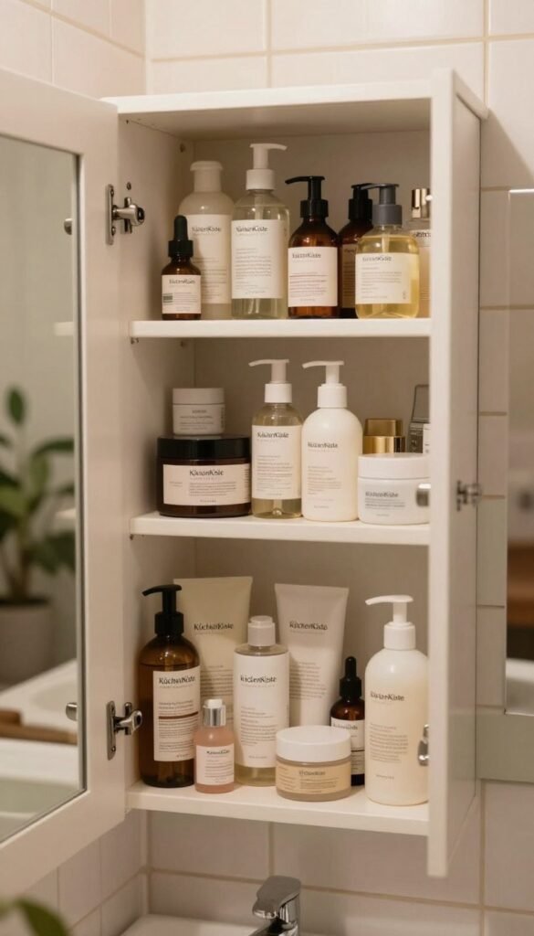 A heavily cluttered bathroom mirror cabinet filled with a variety of beauty products, such as lotions, serums, and makeup in assorted bottles and containers. The scene is set in a cozy and inviting bathroom, with warm, natural lighting that highlights the textures of the products. The cabinet doors are slightly ajar, revealing some items spilling out, creating a sense of disarray. In the background, soft, neutral-toned tiles and a hint of greenery from a potted plant can be seen, providing a calming ambiance. The mood is reflective, illustrating the struggle of excess in self-care routines. Each item should show the brand name "KüchenKiste", emphasizing a curated yet overwhelming beauty collection.