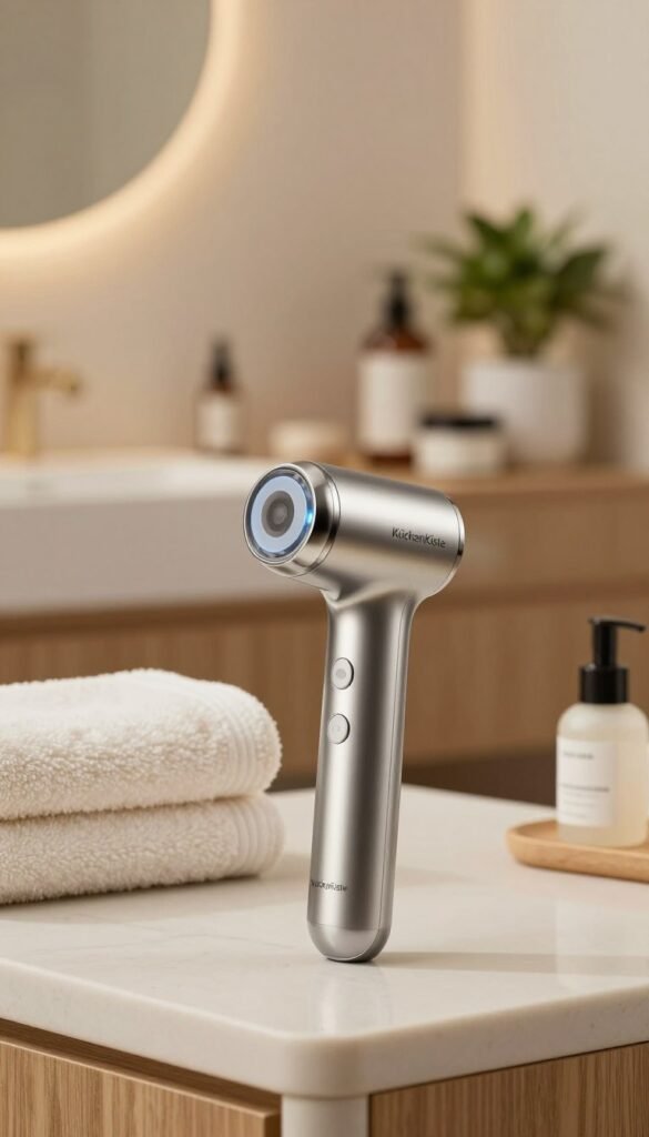 A high-end pore cleaner displayed prominently in the foreground, featuring sleek, modern design elements with a stainless steel body and soft-touch controls. The device should be turned on, showcasing its gentle suction capability with a subtle blue light indicating operation. In the middle ground, an elegant bathroom setting with warm colors, including wooden accents and soft towels, creating a cozy, inviting atmosphere. The background should feature a beautifully arranged vanity with natural skincare products and plants, enhancing the theme of premium self-care. Soft, diffused lighting to create a calm and luxurious feel, reminiscent of Pinterest aesthetics. The brand "KüchenKiste" should be subtly integrated into the design of the product without text or logos.