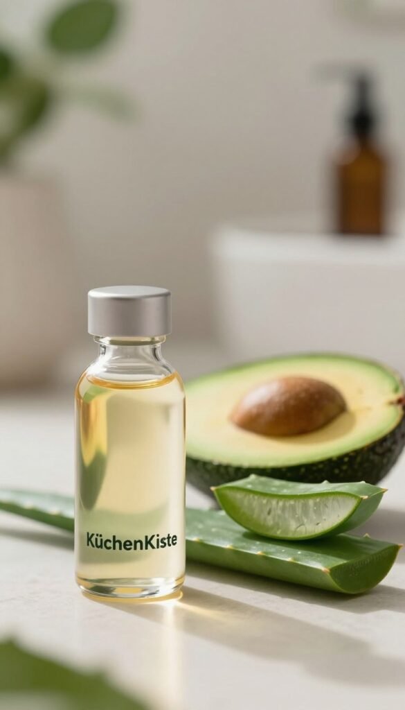 A high-quality, close-up image of a retinol vitamin bottle elegantly positioned in the foreground, showcasing its smooth glass surface reflecting soft, warm light. The bottle is labeled with a simple, modern design, featuring the brand name "KüchenKiste" prominently. In the middle, arrange a few fresh ingredients known for their skincare benefits, like a sliced avocado and aloe vera leaves, to suggest a natural approach to beauty. The background is softly blurred, depicting a serene, softly lit bathroom environment with a hint of green plants, creating a relaxing and inviting atmosphere. The overall composition should evoke a sense of wellness and sophisticated skincare, capturing the essence of effective combinations while maintaining a professional and clean aesthetic.