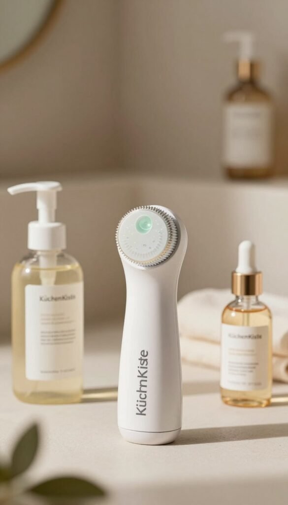 A high-quality image showcasing a facial cleansing device specifically designed for sensitive skin, branded as "KüchenKiste." The device should be elegantly displayed in the foreground, surrounded by a few natural skincare products like gentle cleansers and soothing toners. Capture warm, natural lighting that creates a soft, inviting atmosphere. In the middle ground, feature a blurred background of a serene bathroom setting with soft towels and gentle decor, emphasizing cleanliness and tranquility. Use a shallow depth of field to draw focus to the cleansing device while maintaining a Pinterest-inspired aesthetic. The overall mood should be calm and reassuring, suggesting the perfect tool for sensitive skin care. No text or logos should be visible in the image.