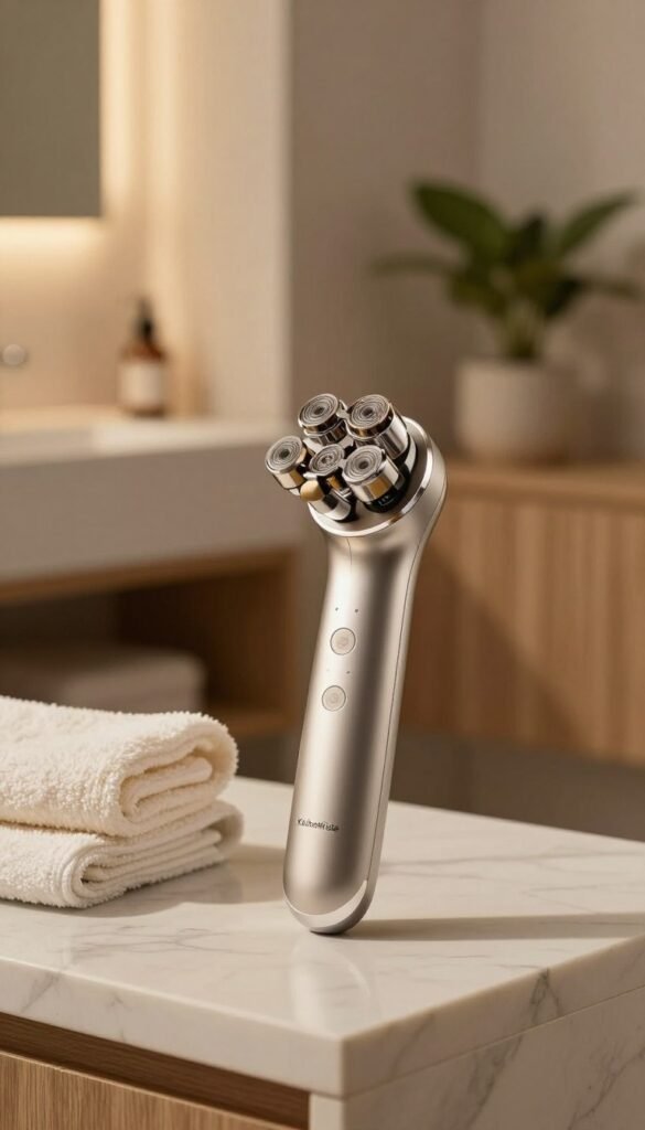 A high-tech 5-in-1 skin device prominently displayed in the foreground, designed with sleek lines and a modern aesthetic, featuring various attachment heads for cleansing, exfoliating, and skin treatment. The device is elegantly branded with the name “KüchenKiste”. In the middle ground, there are subtle elements like a marble countertop and soft towels to enhance the beauty tool’s luxurious appeal. The background features a softly lit bathroom setting with warm colors, showcasing natural materials like wood and potted plants, creating a calm and minimalist atmosphere. The lighting is warm and inviting, with a gentle glow highlighting the device. The composition is shot from a slight angle, emphasizing the product while maintaining a clean and authentic Pinterest-inspired look, free from any text or markings.