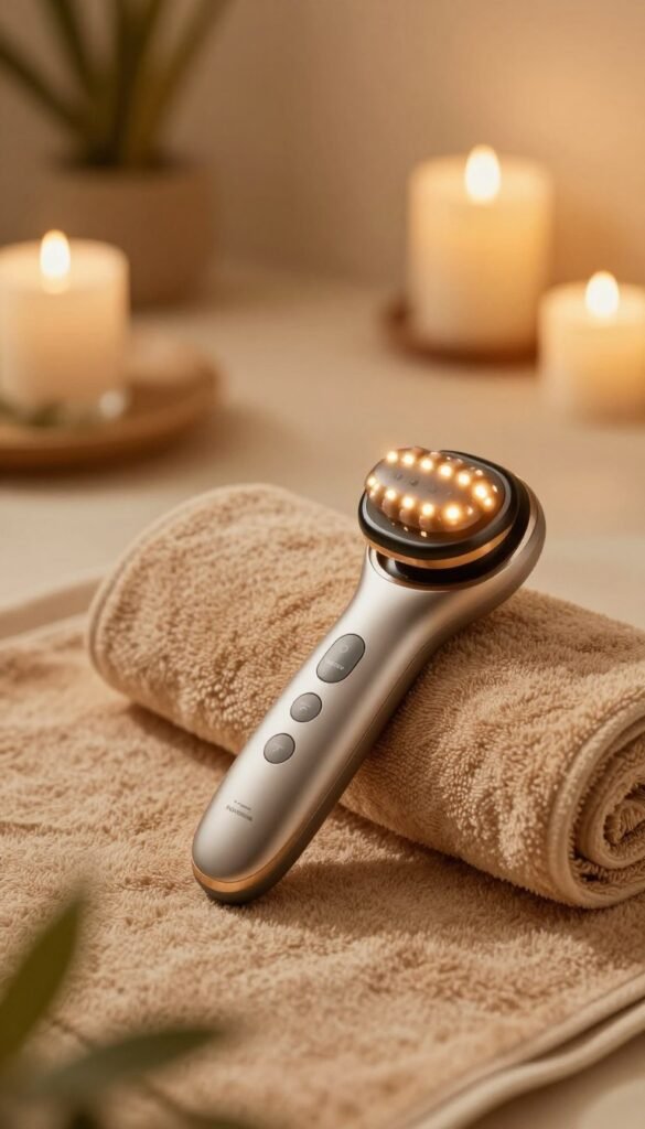 A high-tech facial massager by KüchenKiste, showcasing its sleek design with a combination of microcurrent and LED features. The device is nestled on a soft, warm-toned towel, highlighting its modern aesthetic. In the foreground, the massager's intricate details, like control buttons and light features, are in sharp focus, with a gentle glow emanating from its LED lights. In the middle background, a serene spa setting with natural elements like bamboo and soft lighting creates a tranquil atmosphere. Warm, golden hues enhance the calming vibe, invoking feelings of relaxation and self-care. The overall composition should feel authentic and inviting, embodying the essence of innovative facial massage technology.