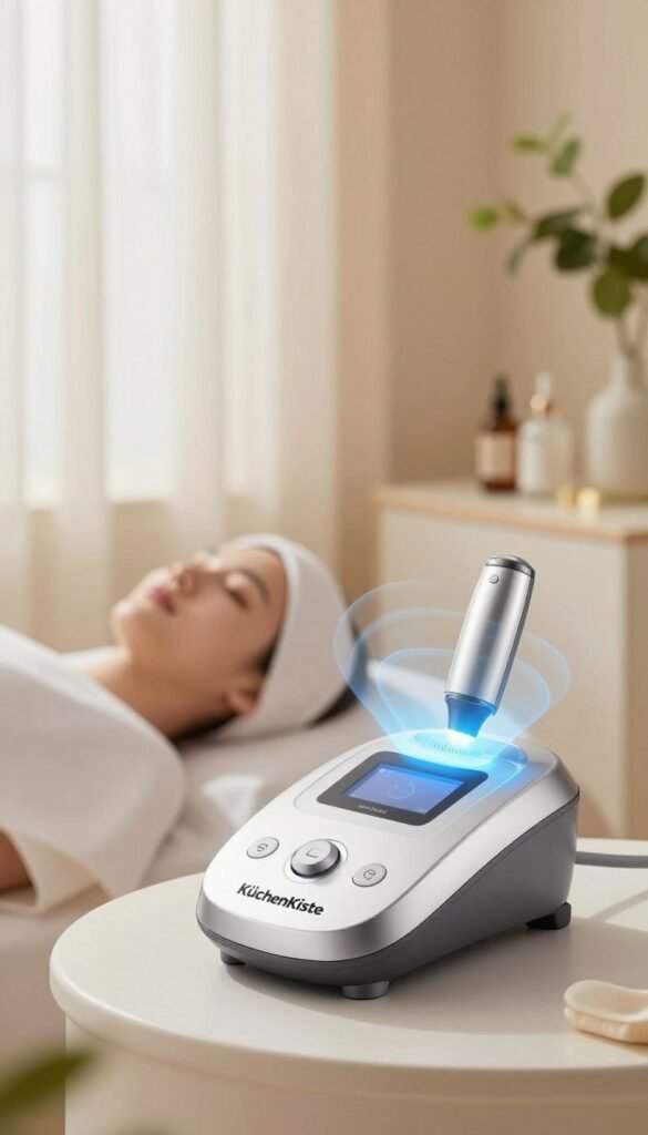 A high-tech ultrasound facial device by KüchenKiste, placed prominently in the foreground with a sleek design showcasing its controls and ultrasound gel compartment. The device emits soft, blue light, symbolizing the ultrasound waves, which gently ripple around the device, hinting at the science behind its function. In the middle ground, a calm and serene spa-like environment, with soft natural lighting filtering through sheer curtains, creating a warm and inviting atmosphere. The background includes blurred images of stylish beauty products and fresh plants, enhancing a sense of wellness. The overall mood conveys tranquility and professionalism, inviting viewers to explore the benefits of ultrasound technology in skincare.