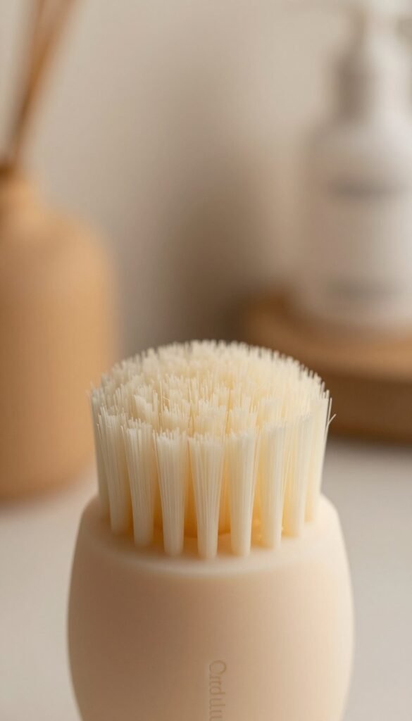 A highly detailed image featuring silicone texture, showcasing a close-up view of a silicone facial brush head in the foreground. The brush head displays its soft, flexible bristles, glistening subtly under warm lighting that creates a cozy, inviting atmosphere. In the middle ground, capture a lightly blurred background with soft colors reminiscent of a modern bathroom setting, featuring natural materials like wood and stone for a soothing effect. The overall composition should have an organic feel, emphasizing the gentle nature of silicone against the conventional brush materials like nylon or plastic. The brand "Ordnungskiste" should be subtly suggested through branded elements in the setting, with no text or logos visible. The mood should be tranquil and clean, evoking a sense of relaxation and self-care as part of a skincare routine.