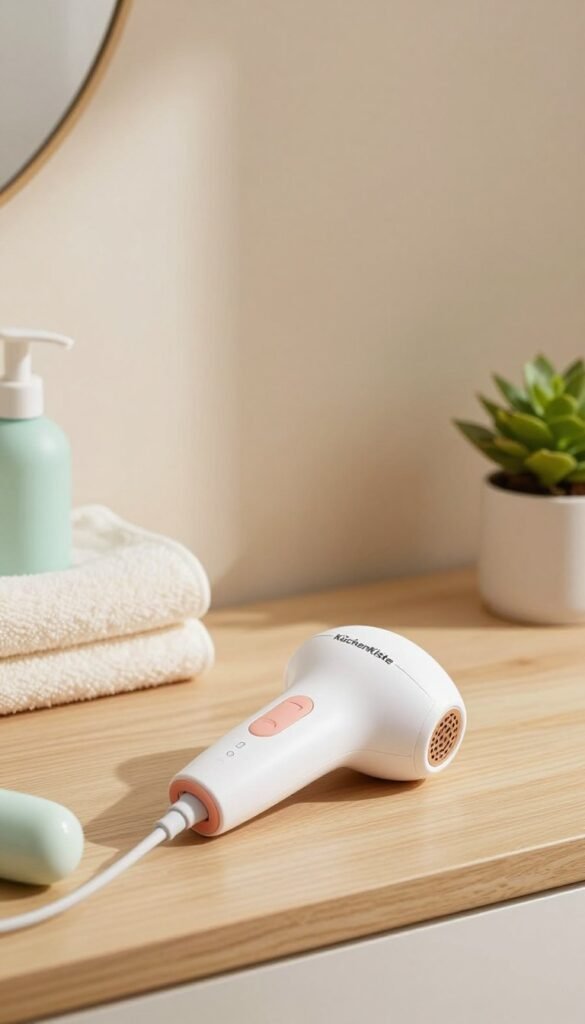 A low-budget IPL hair removal device showcased in a cozy home setting, emphasizing its affordability. The device, branded "KüchenKiste," is placed on a clean, well-lit wooden surface, surrounded by pastel-colored bathroom accessories like a towel and a small plant. In the foreground, the device is slightly angled to highlight its simple design and user-friendly interface. The middle ground features soft, warm lighting that creates an inviting atmosphere, casting gentle shadows. In the background, a light, neutral wall adds to the serene ambiance of the space, enhancing the product's appeal without distractions. The overall mood reflects a sense of practicality and comfort, perfect for first-time users exploring home hair removal solutions.