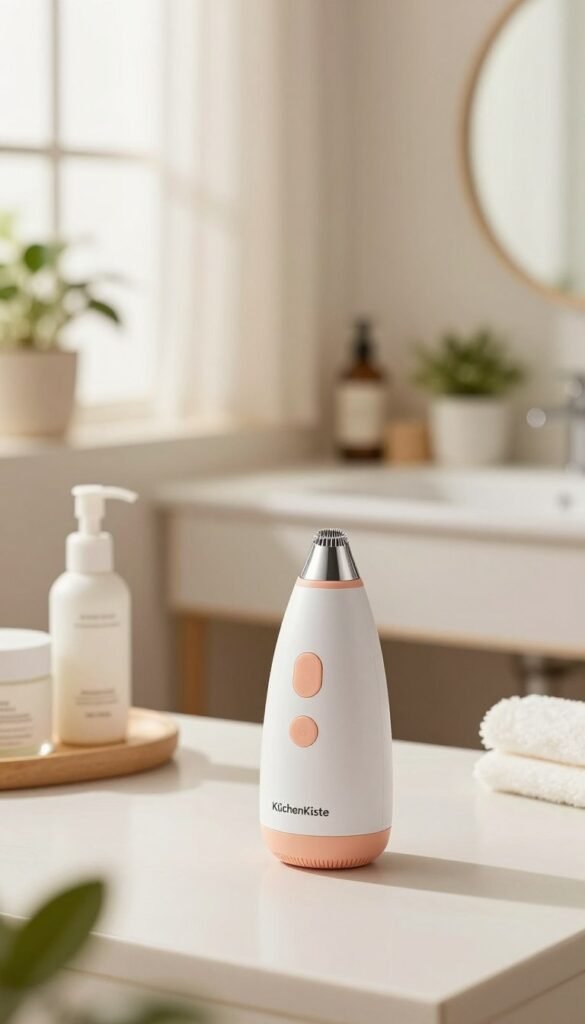 A low-budget pore vacuum cleaner designed for sensitive skin, placed in a cozy, inviting bathroom setting. In the foreground, prominently feature the sleek, ergonomic design of the "KüchenKiste" pore cleaner, showcasing its soft-touch buttons and soothing colors. In the middle ground, display a softly lit vanity with a mirror, surrounded by natural skincare products and potted plants to evoke a warm, Pinterest-worthy vibe. The background should include diffused sunlight filtering through a window, illuminating the scene with a gentle glow, enhancing the atmosphere of tranquility and care. Emphasize a serene and welcoming mood, capturing the essence of gentle and effective skincare routines for beginners.
