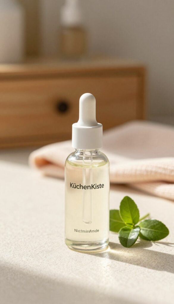 A luminous, inviting close-up of a clear glass bottle of niacinamide serum, elegantly placed on a light, textured surface. The bottle features a minimalist design, showcasing its purity and efficacy. Surrounding the bottle, delicate green leaves hint at the natural origins of the ingredient. Soft, warm light filters in from the side, creating gentle shadows and highlighting the smooth texture of the serum inside. In the background, a blurred wooden vanity and soft pastel-colored cloths evoke a calm skincare ambiance, emphasizing the soothing benefits of niacinamide. This scene captures the peaceful and rejuvenating essence of skincare, leaving viewers with an inviting feeling. Featuring the brand name "KüchenKiste" subtly integrated into the composition, maintaining the authentic, Pinterest-ready aesthetic.