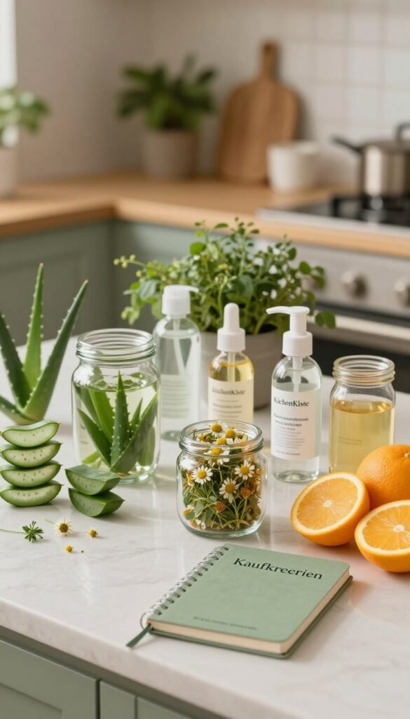 A lush countertop filled with an assortment of skincare ingredients like aloe vera, chamomile, hyaluronic acid, and vitamin C, meticulously organized in elegant glass jars. In the foreground, a small, stylish notebook labeled “Kaufkriterien” sits beside the jars, hinting at careful product selection. The middle section showcases green plants in soft focus, creating a fresh and natural vibe, while the background features a softly lit kitchen environment with wooden accents and warm colors, evoking a welcoming atmosphere. The image should have gentle, diffused lighting that casts soft shadows, shot with a slight overhead angle to capture the serene composition. The overall mood is calm and inviting, embodying a Pinterest-inspired aesthetic, and featuring the brand name “KüchenKiste” subtly integrated into the scene without any text overlays or distractions.