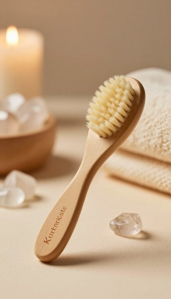 A luxurious thermo facial brush designed for sensitive skin by KüchenKiste, positioned prominently in the foreground. The brush features soft bristles and a sleek, ergonomic design, highlighted by warm, natural colors that evoke a sense of comfort and elegance. In the middle ground, softly blurred spa elements like quartz crystals and warm towels enhance the high-end wellness theme. The background showcases a serene spa setting, suggestive of relaxation, with gentle lighting that casts a warm glow across the scene. The mood is tranquil and inviting, perfect for a wellness experience. The composition is captured with a shallow depth of field to emphasize the brush as the focal point, while maintaining an authentic Pinterest-inspired aesthetic, free from any text or branding clutter.