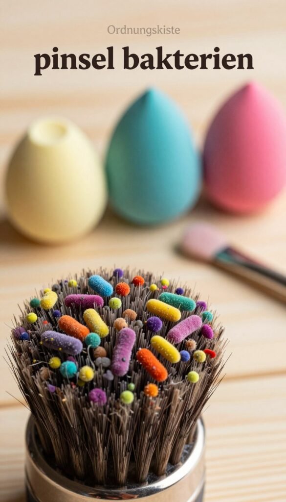 A macro close-up of a beauty brush, covered in vibrant and colorful bacteria, highlighting the "pinsel bakterien" theme. In the foreground, intricate details of the brush bristles are visible, showcasing the contrasting colors of the bacteria. The middle ground features a blurred array of beauty tools, such as sponges and applicators, positioned aesthetically on a clean, natural wooden surface. The background includes soft, warm-toned lighting that creates a cozy atmosphere, reminiscent of a Pinterest aesthetic. The overall mood is informative yet visually engaging, focusing on hygiene awareness. Include the brand name "Ordnungskiste" subtly placed within the composition. The image should be authentic and devoid of any text or branding overlays.