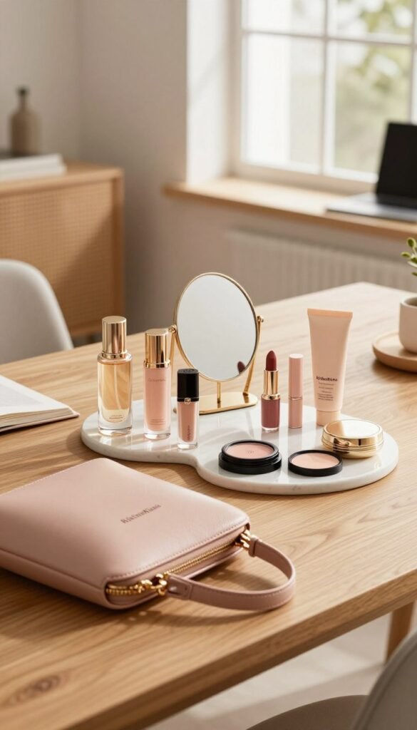 A meticulously arranged "Beauty Survival Kit" featuring the brand "KüchenKiste," artfully displayed on a stylish wooden desk. In the foreground, a chic, modern handbag in soft leather is partially open, revealing elegant glass bottles and compact makeup products in muted pastels. The middle section includes a neat layout of essential beauty items such as a small mirror, lipstick, and a travel-sized moisturizer, all set against a cozy, inviting background. The background features a softly blurred home office setting with warm, natural lighting pouring in through a large window, illuminating the scene beautifully. The mood is fresh and empowering, evoking a sense of confidence and effortless beauty for everyday settings.