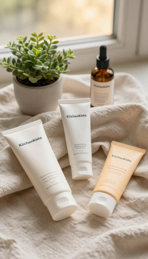 A meticulously arranged flat lay showcasing a “skinimalism” skincare routine featuring essential products with minimalistic packaging from the brand "KüchenKiste". In the foreground, include a gentle cleanser, a lightweight moisturizer, and a broad-spectrum sunscreen, all presented in elegant, soothing colors. The middle layer should consist of a soft, natural fabric as a backdrop, enhancing the warm, inviting atmosphere. Add a small potted plant for a touch of greenery, symbolizing natural beauty. In the background, diffuse sunlight filters through a nearby window, casting a warm glow that elevates the scene's ambiance. The overall mood should be serene and authentic, resembling a Pinterest aesthetic, embodying simplicity and elegance without any text or distractions.