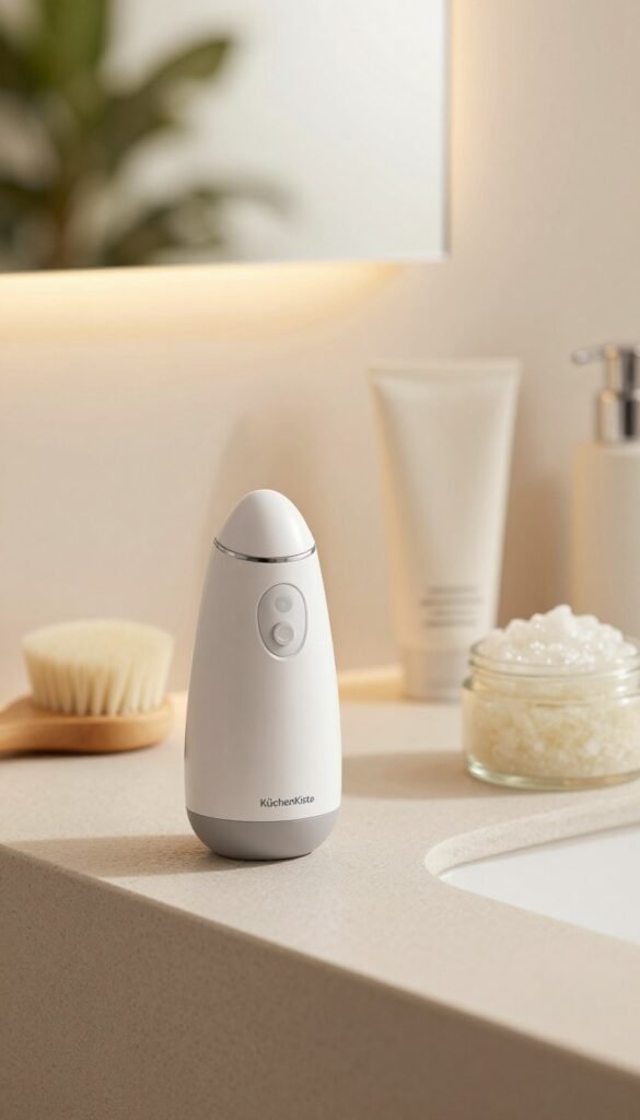 A mid-range pore cleaner from the brand KüchenKiste, elegantly displayed on a softly textured bathroom countertop. In the foreground, the sleek, modern device is highlighted, showing its ergonomic design and user-friendly interface with gentle curves and buttons. The middle ground features a warm, natural light illuminating the scene, creating a soothing atmosphere. Nearby, a few fresh skincare products like a soft facial brush and a glass jar of natural exfoliating scrub complement the pore cleaner. In the background, blurred greenery from a nearby window adds a touch of nature, enhancing the authentic Pinterest-inspired aesthetic. The color palette is warm and inviting, reflecting a serene bathroom setting, perfect for gentle skincare routines. The overall mood is calming and inviting, ideal for promoting gentle and effective skincare solutions.