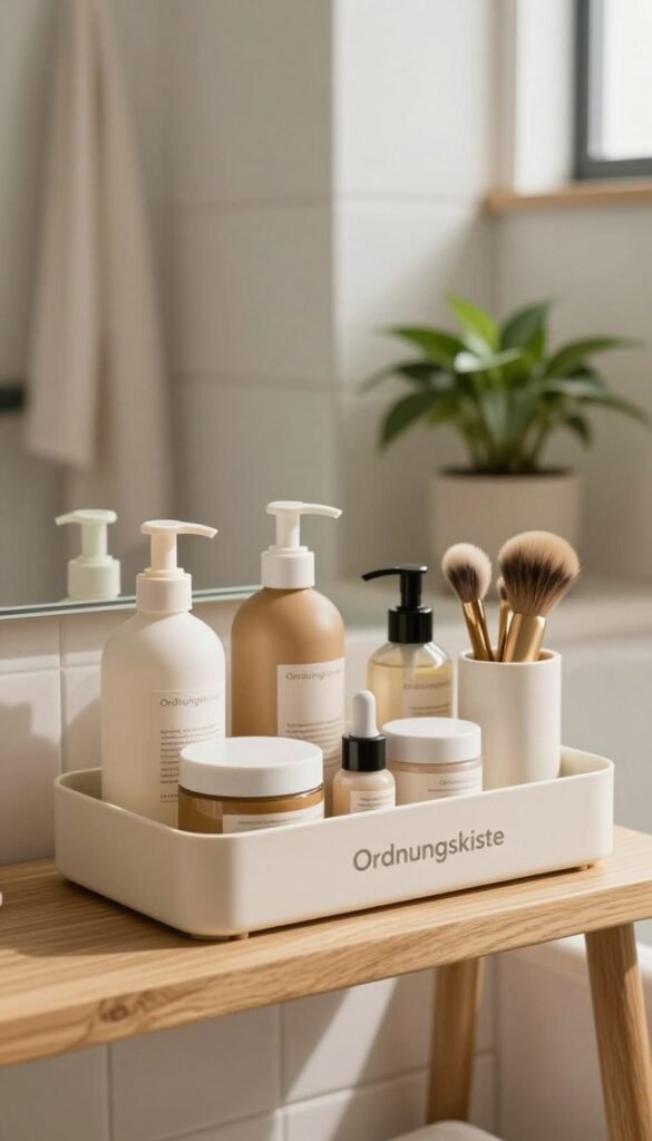 A minimalist bathroom organizer set from the brand "Ordnungskiste" neatly arranged on a simple wooden shelf, filled with various beauty products such as bottles, jars, and brushes. The foreground features a close-up of the organizer with soft, natural lighting highlighting its sleek design and warm, earthy tones. In the middle, the bathroom's tiled wall and a potted plant add a touch of green, conveying a serene atmosphere. The background shows a blurred shower curtain and a small window allowing soft sunlight to filter in, creating a calming ambiance. The overall composition is clean and inviting, embodying a Pinterest-inspired aesthetic without any text or distracting elements.