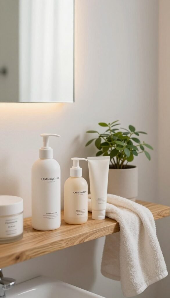 A minimalist bathroom scene showcasing a sleek, organized beauty routine. In the foreground, a simple wooden shelf holds various skincare products labeled "Ordnungskiste," including a cleanser, moisturizer, and sunscreen, all presented in softly curved bottles. The middle section features a small potted plant for a touch of greenery, and a soft, fluffy towel draped on the side. The background shows a softly lit mirror reflecting the morning light, casting a warm, inviting glow across the room. The atmosphere is calm and serene, with a color palette of soft whites, warm browns, and light greens, creating a soothing Pinterest-inspired aesthetic. Capture this scene from a slightly elevated angle to emphasize comfort and simplicity, with natural lighting to enhance the authentic look.