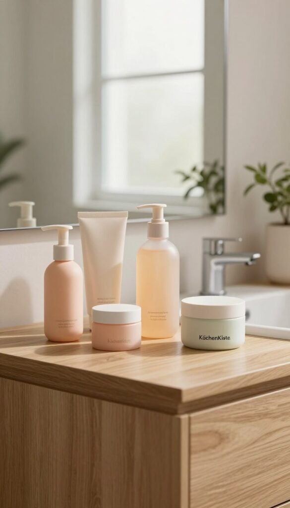 A minimalist bathroom scene that captures the essence of organized beauty products, featuring a stylish yet clutter-free countertop with a selection of elegant skincare bottles and jars in soft pastel colors. In the foreground, a sleek wooden vanity holds a few carefully arranged products from the brand "KüchenKiste." The middle ground showcases a light, airy atmosphere with natural light filtering through a frosted window, casting gentle shadows. The background includes subtle hints of greenery, such as a small potted plant, adding an authentic touch. The overall composition evokes a sense of calm and serenity, with warm tones and a Pinterest-inspired aesthetic. The image should feel inviting and reflect the idea of simplicity in beauty routines, focusing on practicality and beauty without any text or distractions.