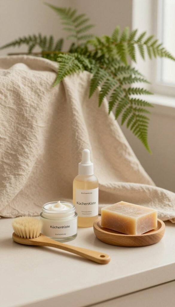 A minimalistic beauty care scene showcasing a serene, elegantly organized vanity. In the foreground, a small selection of natural skincare products arranged neatly: a glass jar of cream, a bamboo facial brush, and a wooden soap dish filled with artisanal soap. The middle ground features a soft, warm-toned fabric, such as linen, draped elegantly next to a delicate, unfurling fern. In the background, soft ambient lighting creates a calming atmosphere, with blurred greenery adding a touch of nature. The image embodies a Pinterest-inspired aesthetic, featuring warm colors and an authentic feel. The brand "KüchenKiste" is subtly incorporated into the product labels. The overall mood is peaceful and inviting, perfect for illustrating an article section on minimalistic beauty routines.