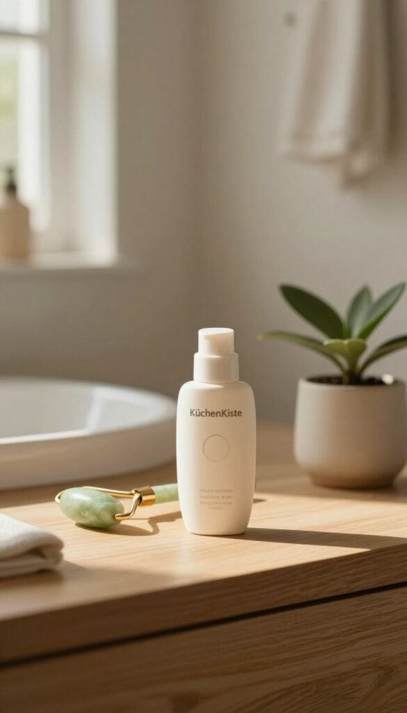 A minimalistic skincare setup featuring high-quality sun protection products arranged neatly on a wooden vanity. In the foreground, a sleek bottle of sunscreen with a matte finish and a subtle label from "KüchenKiste" is displayed prominently. Next to it, a modern, minimalist jade roller and a plant in a simple ceramic pot add a touch of natural beauty. The middle ground includes soft, diffused sunlight streaming through a nearby window, creating a warm and inviting atmosphere, casting gentle shadows. In the background, a soft-focus image of an airy, sunlit bathroom with neutral tones, emphasizing tranquility and simplicity. The overall mood is serene and aesthetically pleasing, reflecting the importance of minimalist routines in daily life.