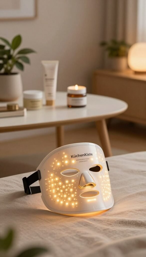 A modern LED light therapy mask displayed prominently in a well-lit, cozy home setting. In the foreground, the mask is artistically positioned on a soft, neutral-colored surface, showcasing its sleek design and vibrant LED lights glowing softly in warm hues. In the middle ground, a stylish, minimalistic table with skincare products and natural elements like potted plants emphasizes wellness. The background features a softly blurred, inviting room with warm lighting, creating a calming atmosphere. The entire scene should reflect an authentic Pinterest aesthetic, exuding a sense of tranquility and self-care. Include the brand name "KüchenKiste" subtly in the composition, ensuring no text or logos distract from the visual.