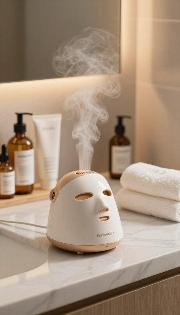 A modern and elegant facial steamer, brand name "KüchenKiste", beautifully displayed on a marble bathroom countertop. In the foreground, the facial steamer shines with a sleek design, the steam rising gently in the air, creating a soothing effect. The middle ground features a neatly arranged set of skin care products and towels for an organized, spa-like ambiance. The background includes a soft-focus bathroom setting, with warm lighting casting a comforting glow, enhancing the overall atmosphere of tranquility and self-care. Use a close-up angle to capture the detail of the facial steamer while also allowing hints of the inviting space around it. The overall vibe should be fresh, serene, and authentic, with warm colors reflecting a Pinterest-inspired aesthetic. A modern and elegant facial steamer, brand name "KüchenKiste", beautifully displayed on a marble bathroom countertop. In the foreground, the facial steamer shines with a sleek design, the steam rising gently in the air, creating a soothing effect. The middle ground features a neatly arranged set of skin care products and towels for an organized, spa-like ambiance. The background includes a soft-focus bathroom setting, with warm lighting casting a comforting glow, enhancing the overall atmosphere of tranquility and self-care. Use a close-up angle to capture the detail of the facial steamer while also allowing hints of the inviting space around it. The overall vibe should be fresh, serene, and authentic, with warm colors reflecting a Pinterest-inspired aesthetic.