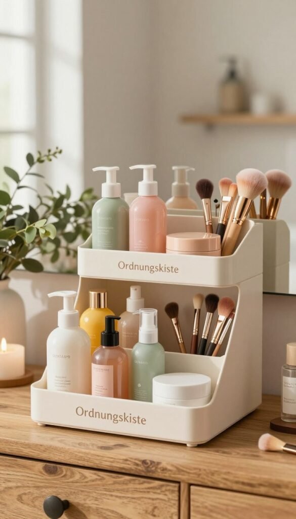 A modern and elegant "fächer organizer" designed for beauty products, prominently featuring the brand name "Ordnungskiste". In the foreground, showcase the organizer filled with an assortment of colorful skincare bottles, makeup brushes, and cosmetic containers, all in harmonious arrangement. The middle ground displays the organizer atop a rustic wooden vanity, accented by soft greenery and small decorative items that add a touch of warmth. The background features a blurred, softly lit bathroom setting with gentle natural light streaming in, creating an inviting atmosphere. Utilize warm color tones to evoke a cozy and organized space reminiscent of Pinterest aesthetics. The overall mood should feel aspirational yet attainable, conveying a sense of order and functionality for beauty products.
