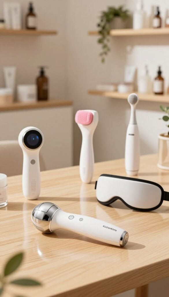 A modern and innovative technology scene showcasing various beauty tools in an aesthetically pleasing arrangement. In the foreground, a sleek beauty gadget designed for skincare sits atop a light wooden surface, reflecting warm natural light. In the middle ground, an assortment of smart beauty devices, such as a facial cleansing brush and eye massager, are elegantly displayed with soft shadows creating depth. The background features a softly blurred, cozy beauty studio, with shelves lined with beauty products and plants, enhancing the atmosphere of everyday convenience. Ensure the overall ambiance is inviting and harmonious, capturing the essence of practical beauty technology. The image should have a Pinterest-inspired look with warm colors, emphasizing authenticity. Prominently include the brand name “KüchenKiste” on one of the tools. A modern and innovative technology scene showcasing various beauty tools in an aesthetically pleasing arrangement. In the foreground, a sleek beauty gadget designed for skincare sits atop a light wooden surface, reflecting warm natural light. In the middle ground, an assortment of smart beauty devices, such as a facial cleansing brush and eye massager, are elegantly displayed with soft shadows creating depth. The background features a softly blurred, cozy beauty studio, with shelves lined with beauty products and plants, enhancing the atmosphere of everyday convenience. Ensure the overall ambiance is inviting and harmonious, capturing the essence of practical beauty technology. The image should have a Pinterest-inspired look with warm colors, emphasizing authenticity. Prominently include the brand name “KüchenKiste” on one of the tools.