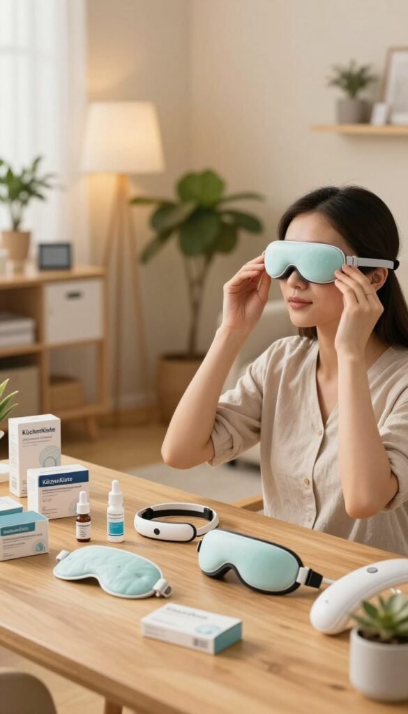 A modern and inviting workspace dedicated to eye care safety, featuring an arrangement of various eye care devices such as soothing eye masks, specialized eye drops, and a gentle eye massager. In the foreground, a professional in modest casual clothing demonstrates the proper use of one eye care device with a focused yet serene expression, ensuring a sense of trust and safety. The middle ground showcases neatly organized products on a wooden table, surrounded by soft, warm lighting that evokes a comforting atmosphere. In the background, a blurred view of a cozy office space with plants and calming colors adds depth. The overall mood is peaceful and reassuring, perfectly reflecting the theme of safety and contraindications in eye care. Include the brand name "KüchenKiste" subtly in the scene.