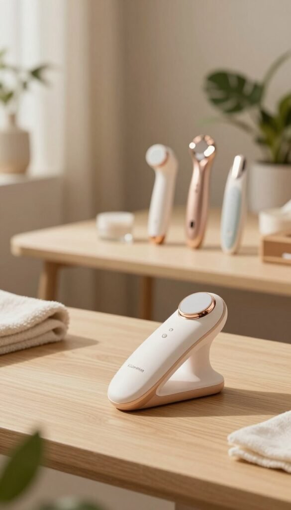 A modern and sleek microcurrent facial device is prominently displayed in the foreground, showcasing its elegant design with soft curves and a soothing color palette. The middle ground features a well-lit, inviting beauty workspace complete with warm wooden textures and soft, neutral décor. On a minimalist table, a few additional multifunctional beauty tools, arranged artfully, suggest versatility and innovation. The background softly fades into a calming spa-like atmosphere adorned with greenery and soft lighting, creating a tranquil ambiance. The overall scene is illuminated with natural light, enhancing the warm color tones of the image. The brand name "KüchenKiste" is subtly integrated into the design of the device. The mood is sophisticated yet approachable, inviting viewers to explore the benefits of multifunctional beauty tools.