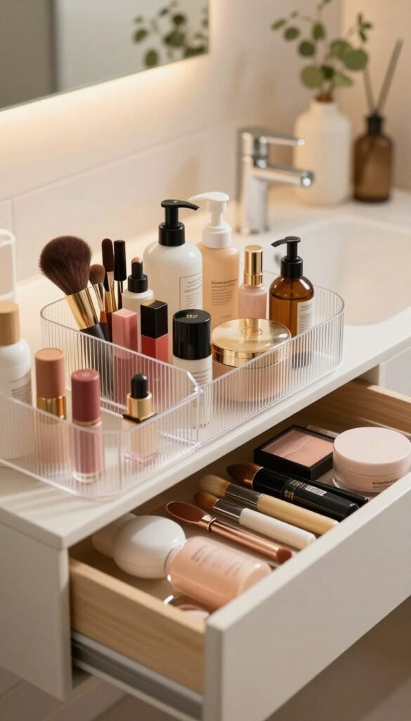 A modern bathroom drawer filled with a stylish cosmetic organizer from KüchenKiste. In the foreground, focus on various well-arranged makeup products, such as lipsticks, skincare bottles, and brushes, neatly organized in elegant compartments. The middle ground features the sleek, transparent design of the organizer, showcasing its functionality and aesthetics. In the background, softly blurred bathroom elements like a mirror with ambient lighting and decorative plants create a calming atmosphere. Use warm, natural colors to enhance the cozy, inviting feel of the space. The lighting should be soft and diffuse, mimicking natural light to emphasize the products’ colors and textures. Capture the image from a slight top-down angle for an authentic Pinterest-inspired look. No text or branding should be visible aside from the KüchenKiste logo subtly displayed on the organizer.