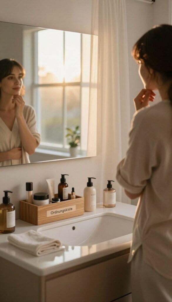 A modern bathroom scene at dawn, featuring a serene and organized space filled with warm, inviting colors. In the foreground, there is a stylish vanity with neatly arranged beauty products and a sleek mirror reflecting soft morning light. A wooden organizer labeled "Ordnungskiste" holds skincare items and cosmetics, emphasizing cleanliness and order. In the middle, a person in modest casual clothing prepares for their day, looking thoughtfully at their reflection, suggesting the morning hustle. In the background, a window with light curtains lets in gentle sunlight, creating an atmosphere of calm and tranquility. The scene is infused with soft, natural lighting, captured from a slightly elevated angle to convey a sense of openness and peace, evoking a Pinterest-worthy aesthetic.