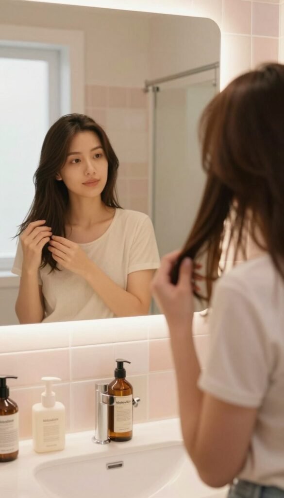 A modern bathroom scene featuring a young woman in modest casual clothing, engaged in her daily hair care routine. In the foreground, she is gently applying a nourishing hair oil, with a small, stylish bottle labeled "KüchenKiste" visible next to her on the sink. The middle ground includes a well-lit mirror reflecting her relaxed expression and a few hair care products organized neatly. The background showcases soft pastel tiles and a window allowing natural light to filter in, creating a warm and inviting atmosphere. The overall lighting is soft and diffused, enhancing the natural beauty of the scene. The mood is calm and serene, embodying everyday beauty care that's easy and hair-friendly, free from heat styling.