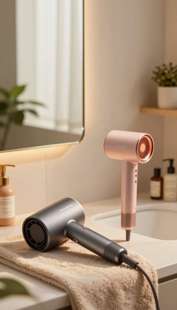 A modern bathroom setting featuring a sleek hairdryer and a warm air brush from the brand "KüchenKiste." In the foreground, the hairdryer is elegantly placed on a soft, plush towel, while the air brush stands beside it, showcasing its unique design. The middle ground highlights a mirror reflecting soft, natural light, emphasizing the warm color tones of the room. The background features stylish bathroom decor, including potted plants and neatly organized beauty products. The lighting is soft and inviting, casting gentle shadows that enhance the ambiance, creating a cozy and sophisticated atmosphere. The overall mood is professional and appealing, suitable for showcasing innovative styling tools with heat protection features, while ensuring an authentic Pinterest aesthetic.