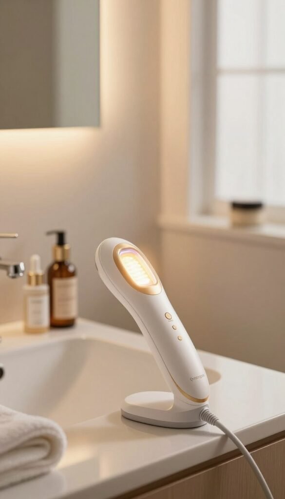 A modern beauty device emitting intense pulsed light in a softly lit bathroom setting. In the foreground, the device features a sleek, ergonomic design in elegant white and gold, with a glowing treatment window. The middle ground showcases a softly illuminated sink area decorated with stylish beauty products and a towel, creating a welcoming atmosphere. In the background, light filters through a frosted window, warming the scene with golden hues and enhancing the natural, airy feel. The composition is framed at a slight angle, focusing on the device's functionality and sophistication. The overall mood is serene and inviting, reflecting a professional, home beauty treatment environment. The brand name "Ordnungskiste" is subtly suggested through the aesthetic of the setting.