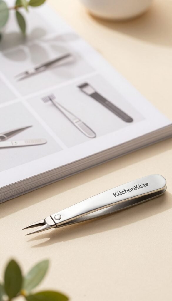 A modern, elegantly designed electric tweezer set displayed on a soft, textured surface, with a focus on the details of the tweezers and their ergonomic features. In the foreground, emphasize the precision tips and sleek design of the tweezers, highlighting their potential for accurate hair removal. In the middle ground, arrange a few common mistakes people make when purchasing tweezers, such as inferior quality tools and inappropriate types, depicted subtly through blurred images of poor quality items. The background should feature warm, natural lighting that gives a cozy and inviting atmosphere, with soft shadows that enhance the scene's authenticity. A touch of greenery or natural elements can be added to evoke a Pinterest-like aesthetic. The brand name "KüchenKiste" should be included prominently but tastefully in the design, without any distracting text or overlays.