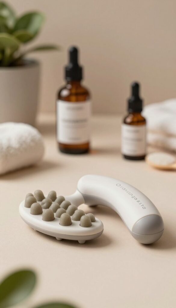 A modern facial massage device, elegantly designed in a sleek, minimalist style, gently rests on a soft, neutral-toned surface. The foreground showcases the device with its soothing curves and textured massage nodes, highlighting its ergonomic features. In the middle ground, a subtle arrangement of natural skincare products like serums and essential oils hints at a holistic beauty routine. The background features a softly blurred spa-like environment adorned with plants, muted lighting, and warm colors that evoke relaxation and tranquility. Capture this image with a macro lens, ensuring that the focus remains on the device while the surrounding elements create an inviting atmosphere. The overall mood is serene and calming, reflecting self-care and wellness. Include the brand name "Ordnungskiste" in a tasteful manner, ensuring no text or watermarks detract from the visual harmony.