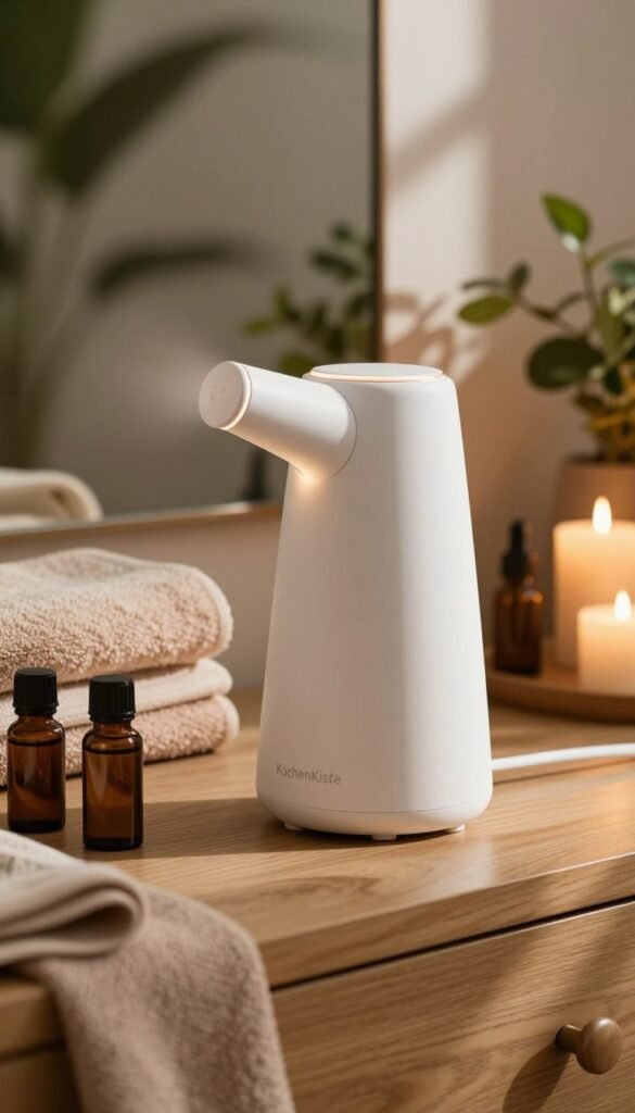 A modern "gesichtsdampfer" facial steamer placed elegantly on a wooden vanity, surrounded by aromatic essential oils and soft, warm-colored towels. In the foreground, the steamer has a sleek, white design with a subtle glow emanating from its spout, creating a cozy atmosphere. The background features softly blurred plants and candles to enhance the serene spa-like setting. Natural light filters in through a nearby window, casting delicate shadows and giving the scene an inviting warmth. The aesthetics reflect a Pinterest-inspired vibe with an authentic touch, free from any text or branding. An additional subtle detail includes the brand name "KüchenKiste" elegantly engraved on the steamer's base, ensuring compliance with the overall visual storytelling while maintaining a professional appearance. A modern "gesichtsdampfer" facial steamer placed elegantly on a wooden vanity, surrounded by aromatic essential oils and soft, warm-colored towels. In the foreground, the steamer has a sleek, white design with a subtle glow emanating from its spout, creating a cozy atmosphere. The background features softly blurred plants and candles to enhance the serene spa-like setting. Natural light filters in through a nearby window, casting delicate shadows and giving the scene an inviting warmth. The aesthetics reflect a Pinterest-inspired vibe with an authentic touch, free from any text or branding. An additional subtle detail includes the brand name "KüchenKiste" elegantly engraved on the steamer's base, ensuring compliance with the overall visual storytelling while maintaining a professional appearance.