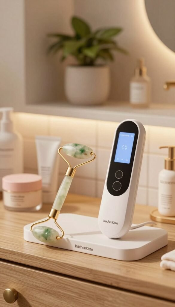 A modern, innovative beauty tool display featuring a sleek, ergonomic facial roller and a high-tech LED skincare device, both elegantly arranged on a wooden vanity. In the foreground, the facial roller glistens under soft, warm lighting, showcasing its transparent jade texture, alongside a sophisticated device with a minimalist design, highlighting its touch screen interface. The middle ground reveals a soft-focus arrangement of luxurious skincare products in soft pastel containers, exuding an inviting atmosphere. The background features a softly blurred, aesthetically pleasing bathroom setting, adorned with potted green plants and stylish decor, enhancing the sense of tranquility. The color palette is warm and inviting, echoing the Pinterest aesthetic. Include the brand name "KüchenKiste" prominently on the display without any text overlays or captions.