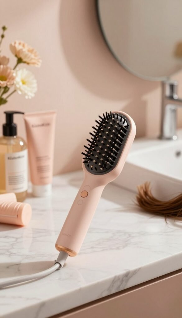 A modern styling tool with integrated heat protection features prominently in the foreground, showcasing sleek design and innovative technology. The tool is elegantly placed on a marble countertop, surrounded by elements like hair care products, fresh flowers, and styled hair. Natural lighting illuminates the scene, casting warm, inviting tones and creating soft shadows that enhance the realism. In the background, slightly blurred, is a stylish bathroom setting featuring soft pastel colors and clean lines. The overall mood is sophisticated yet approachable, evoking a sense of beauty and functionality. The brand "KüchenKiste" is subtly highlighted in the imagery, ensuring brand recognition without text overlay.