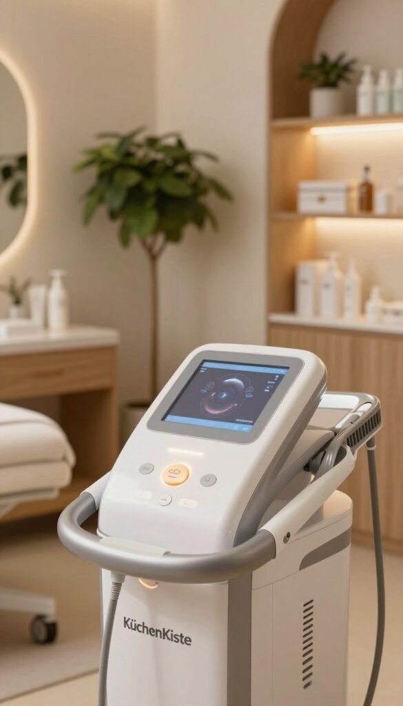 A modern ultrasound facial device, designed for professional skincare treatments, positioned prominently in the foreground. The device features sleek, ergonomic curves and a user-friendly interface with clear buttons, gently reflecting soft, warm light. In the middle ground, a professional, well-organized treatment room showcases elegant décor with a calming atmosphere, including potted plants and warm wooden accents. The background remains softly blurred, hinting at shelves stocked with skincare products, ensuring a clinical yet inviting feel. The overall mood is serene and trustworthy, appealing to those seeking effective beauty solutions. A minimalist aesthetic complements the image. The brand name "KüchenKiste" subtly integrated into the design of the device.