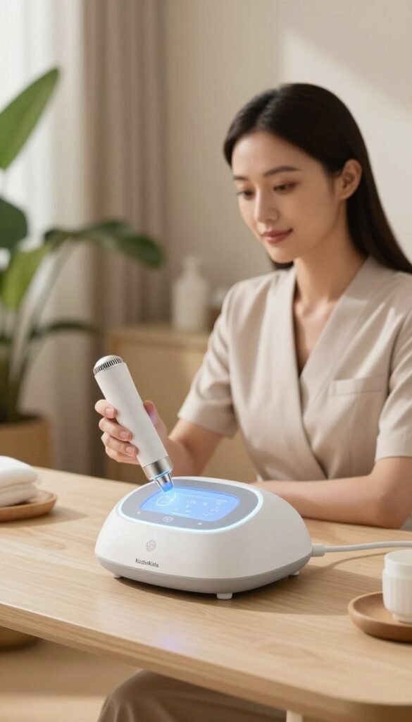 A modern ultrasound facial device placed elegantly on a minimalist, pale wood table. In the foreground, the device has a sleek design with soft curves, benignly glowing with a gentle blue light, showcasing its user-friendly interface. In the middle ground, a well-groomed professional woman in a smart, professional outfit gently holds the device, her expression thoughtful and engaged as she examines it. The background is softly blurred, featuring an inviting, warmly lit spa-like room with lush greenery and soothing earthy tones. Natural light streams through a window, creating a tranquil atmosphere. The overall mood conveys relaxation, professional care, and modern technology. Include the brand name "KüchenKiste" subtly integrated into the design of the device, enhancing the image’s authenticity without text.