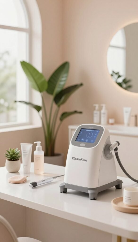 A modern, well-lit beauty treatment room featuring a sleek, high-tech ultrasonic facial device from the brand "KüchenKiste" placed prominently on a minimalist white countertop. In the foreground, display essential features and accessories of the device, including intuitive controls and a soft, textured facial pad. The middle ground showcases a well-organized area with serene plants and professional skincare products neatly arranged. The background should depict calming pastel-toned walls with soft, diffused natural light filtering in through large windows, creating an inviting and serene atmosphere. The overall mood should exude professionalism and tranquility, perfect for a skincare and wellness environment, with a Pinterest-inspired aesthetic of warmth and authenticity. Avoid any text or branding logos in the image.